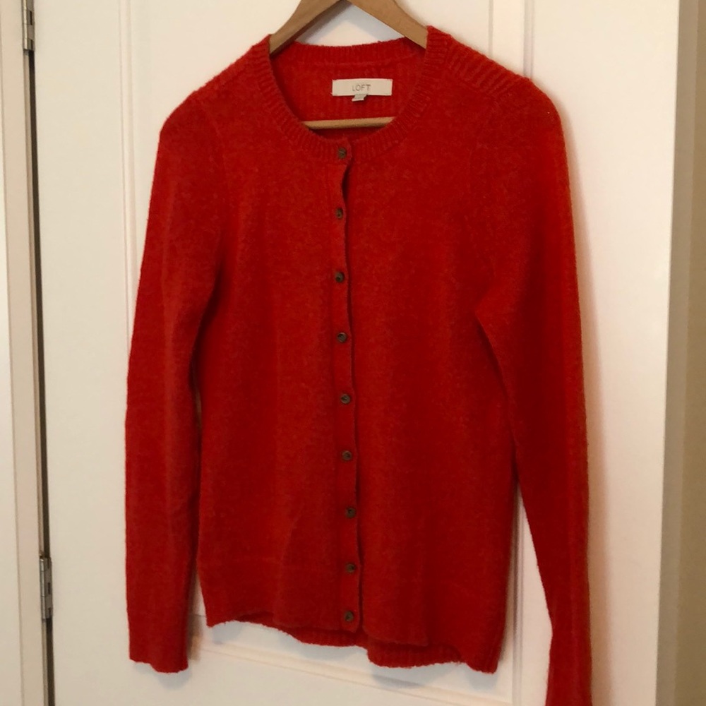 orange Ann Taylor LOFT lightweight wool cardigan